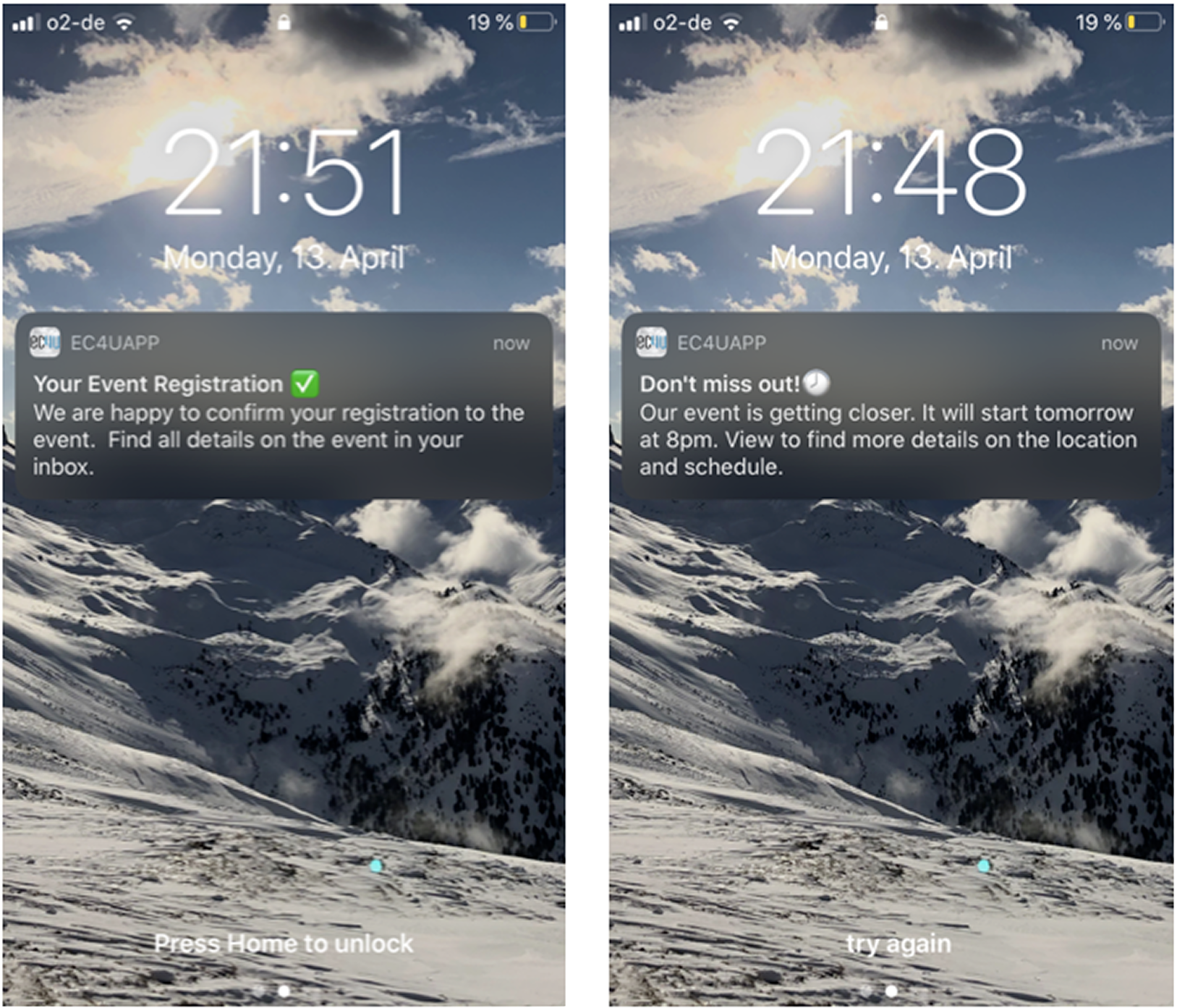 Registration and reminder push notifications
